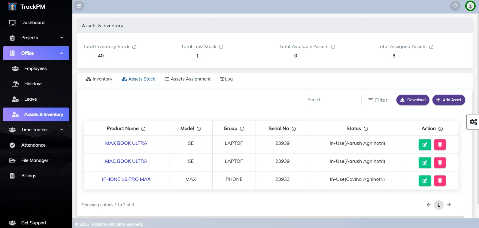 TrackPM asset stock view