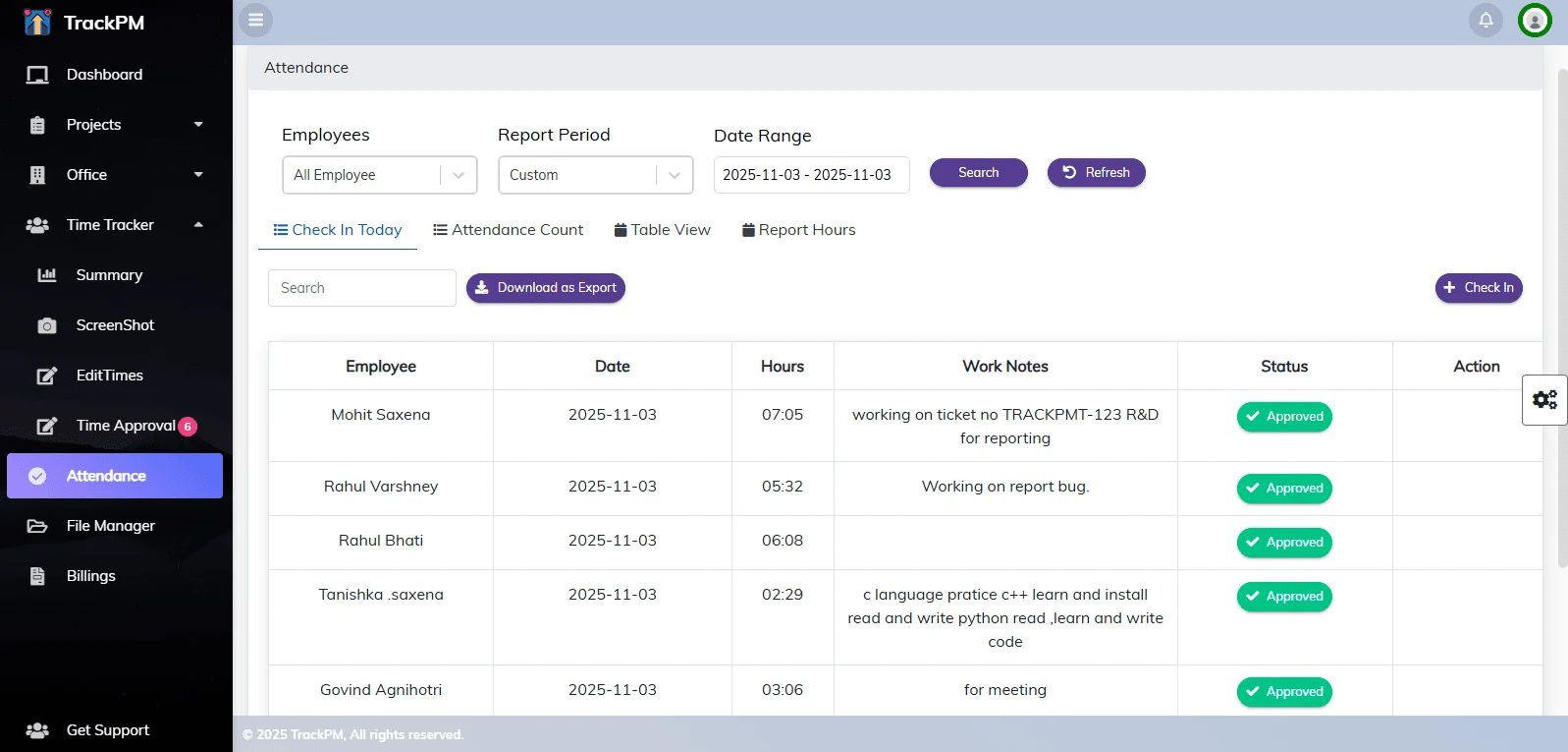 TrackPM attendance dashboard