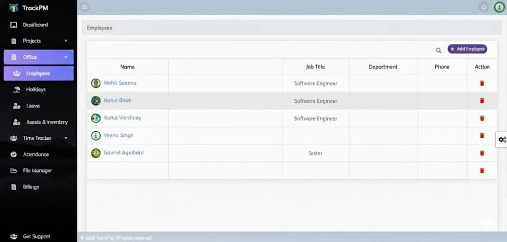 TrackPM employee directory